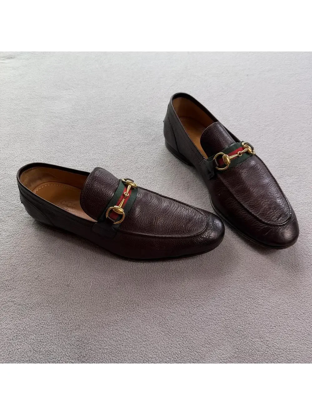 Gucci Horsebit Web Stripe Brown Pebbled Leather Loafers Mens US 7 Made in Italy